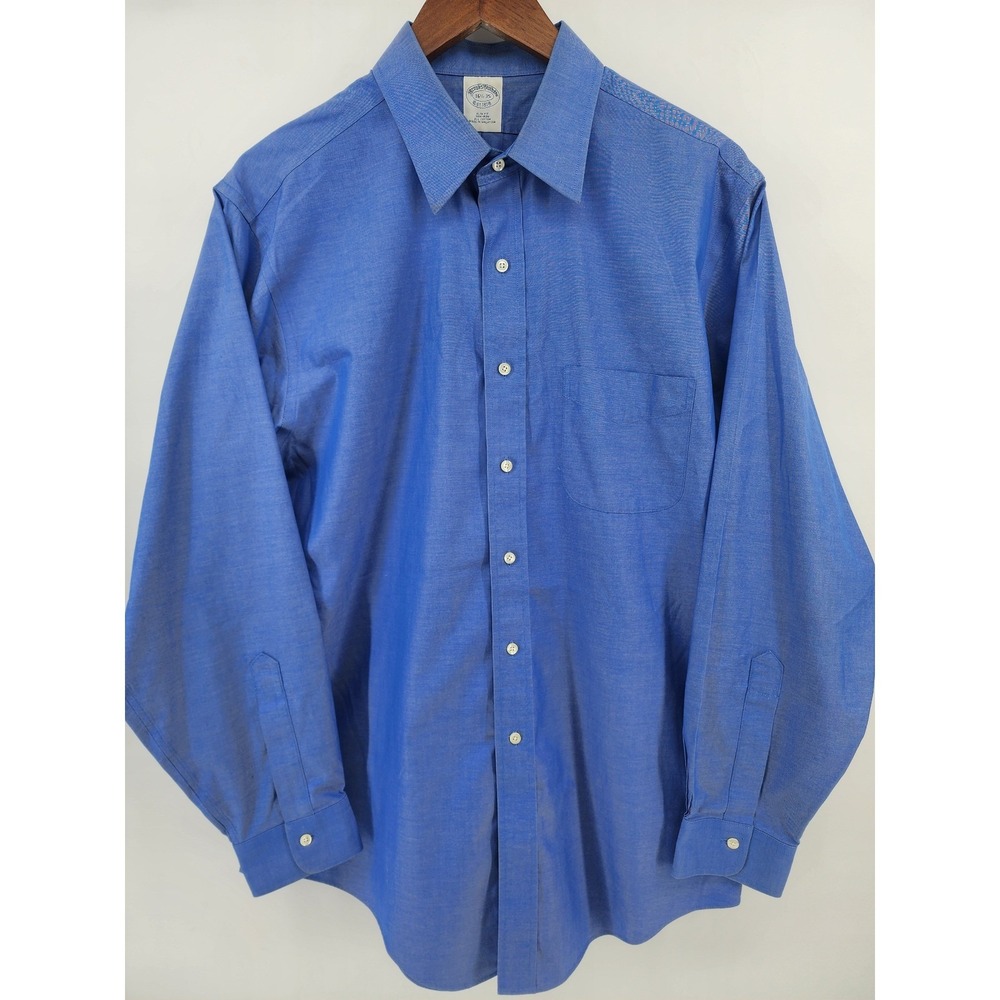 Brooks Brothers 16.5-35 Slim Fit Non-Iron Blue Cotton Dress Shirt Long Sleeve